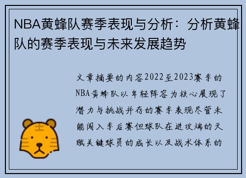 NBA黄蜂队赛季表现与分析：分析黄蜂队的赛季表现与未来发展趋势
