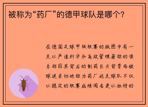 被称为“药厂”的德甲球队是哪个？