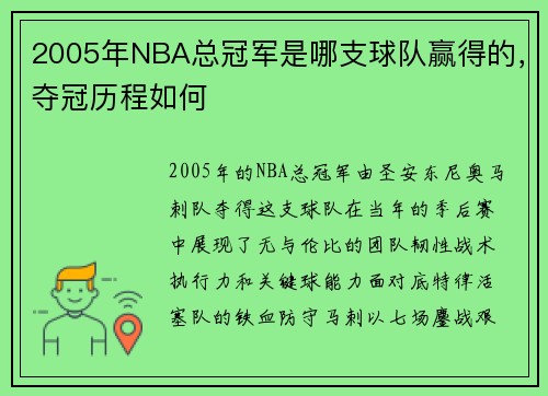 2005年NBA总冠军是哪支球队赢得的，夺冠历程如何